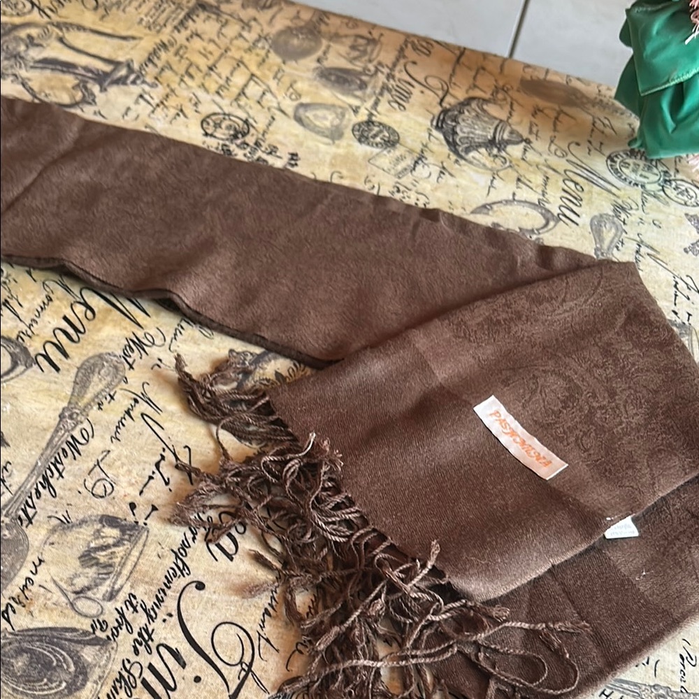 Brown Fringe Scarf with Subtle Paisley Pattern